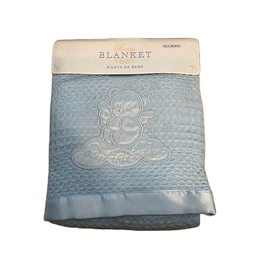 Manta De Bebe Baby Blanket NEW Blue Angel Bear Bless This Child Knit